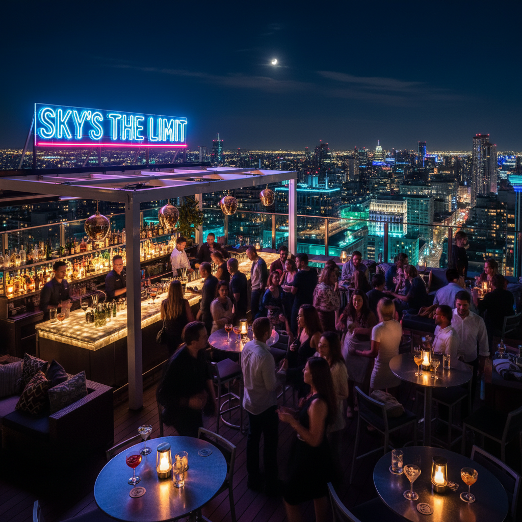 Rooftop bar at night — atmospheric nightlife photography