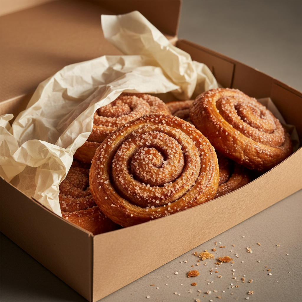 Pastry box with tissue paper partially opened revealing morning buns inside