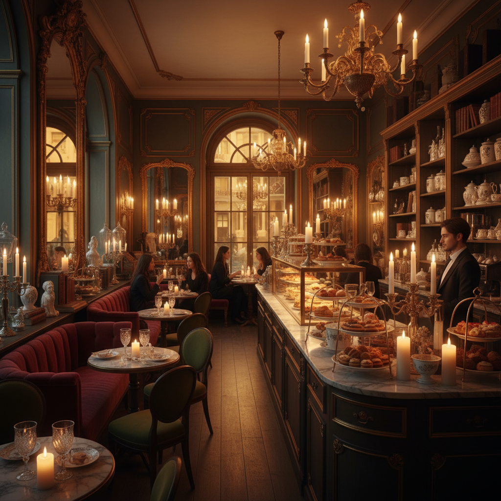 Intimate café interior with dark wood tables, candles, and warm amber pendant lights, evening atmosphere
