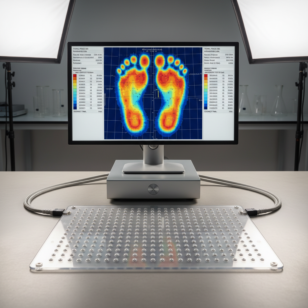 Runner receiving foot assessment showing plantar fascia stress zones highlighted on pressure scan