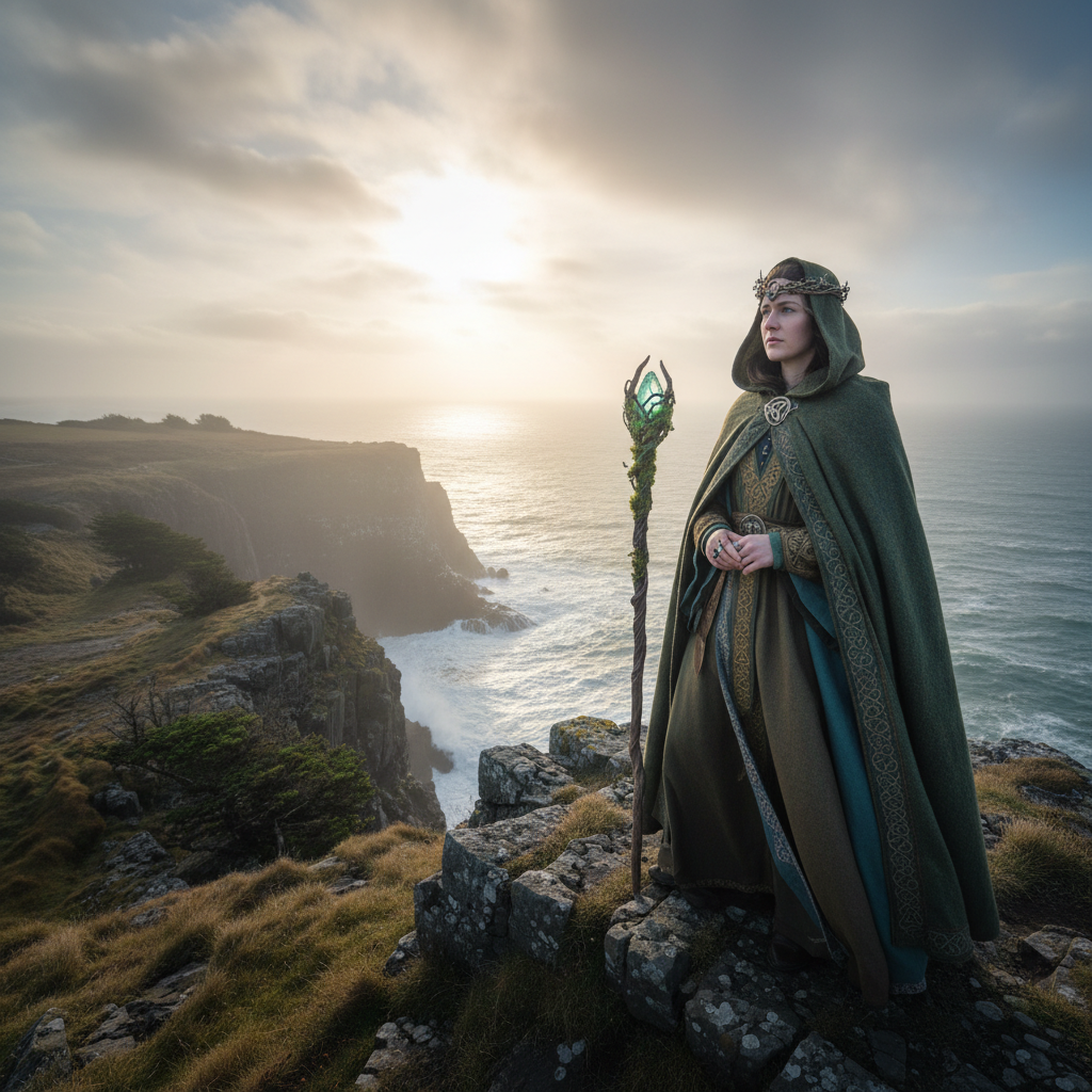 Guest in Celtic druid costume on clifftop