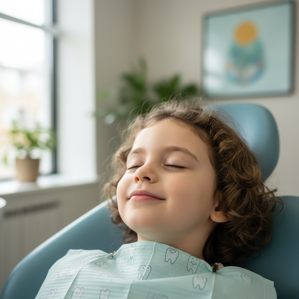 Calm child in dental chair with relaxed expression