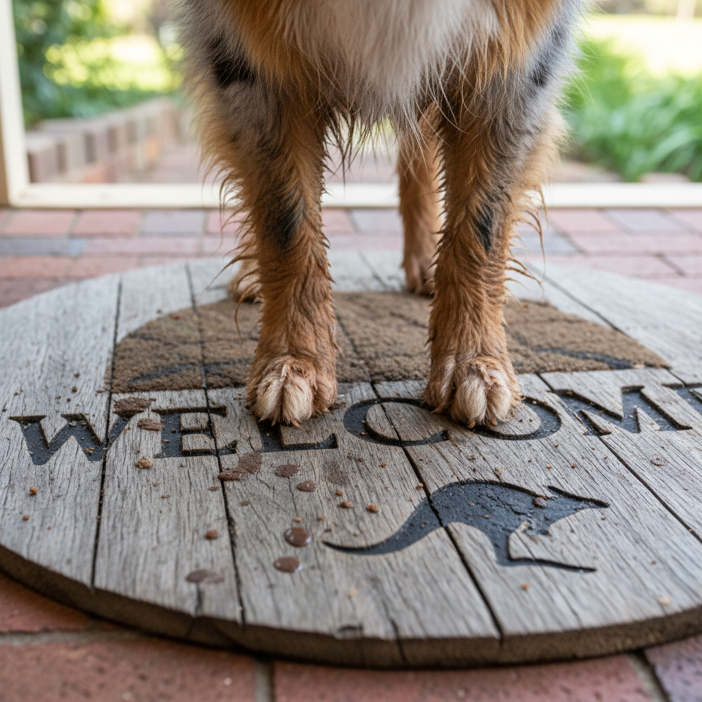 Muddy Aussie paws on a weathered wooden welcome mat outside a ranch house
