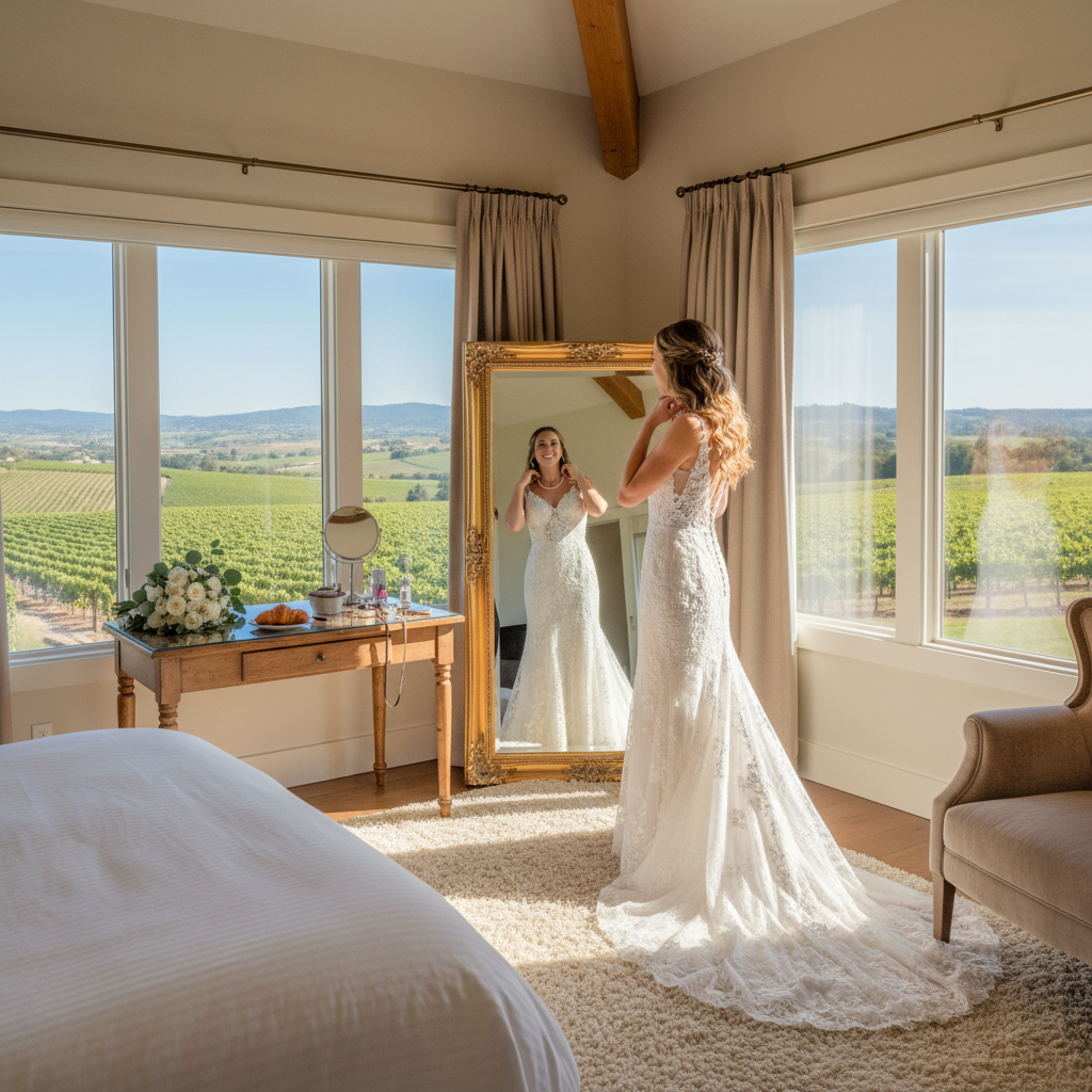 Bright airy suite bedroom with floor-to-ceiling windows overlooking Napa Valley vineyard, white linen king bed, morning light