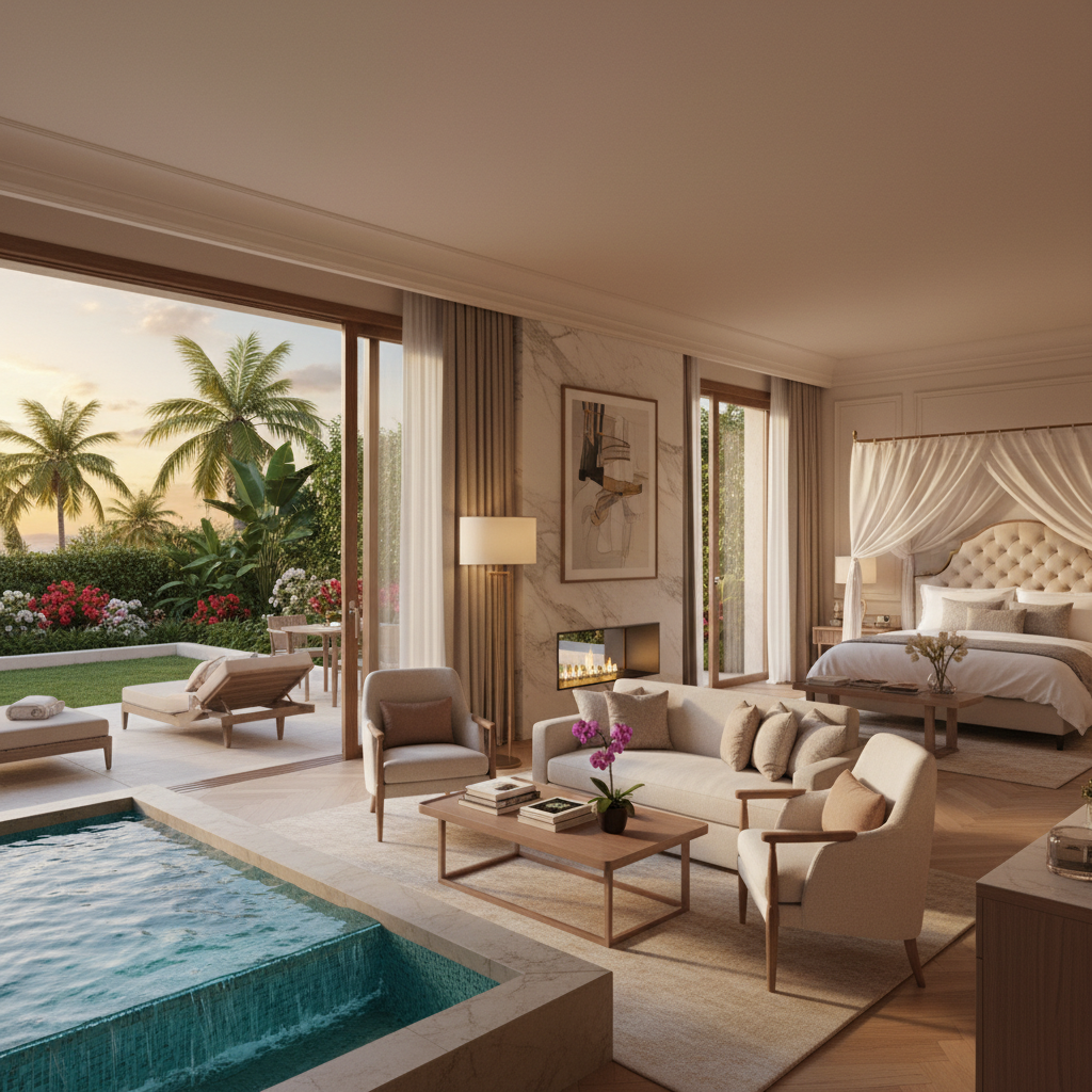 Spacious hotel suite with separate lounge area, kitchenette, and large terrace overlooking tropical gardens and pool