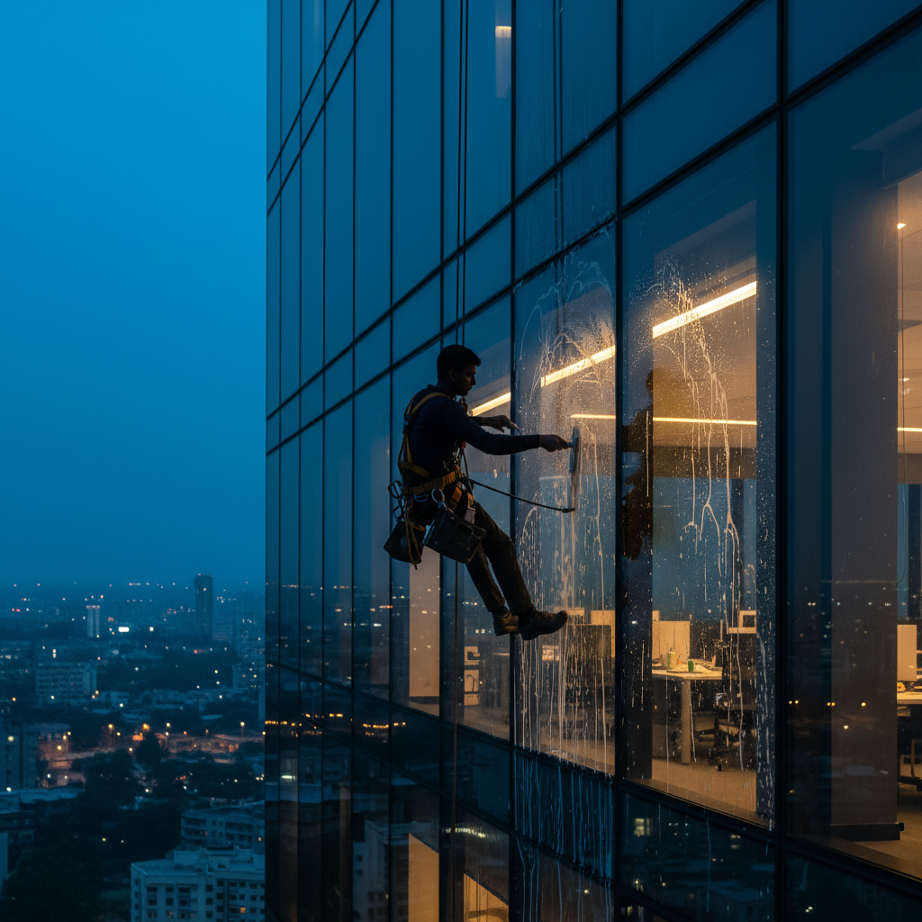 Rope-access window cleaning technician silhouetted against illuminated Mumbai office interior at blue hour, amber safety harness catching the light, squeegee mid-stroke on glass curtain wall