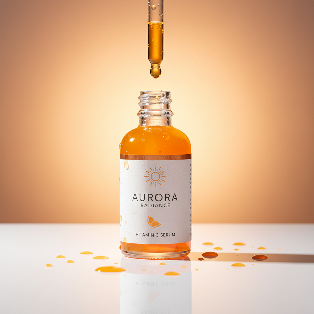 Orange vitamin C face serum bottle with dropper on white background