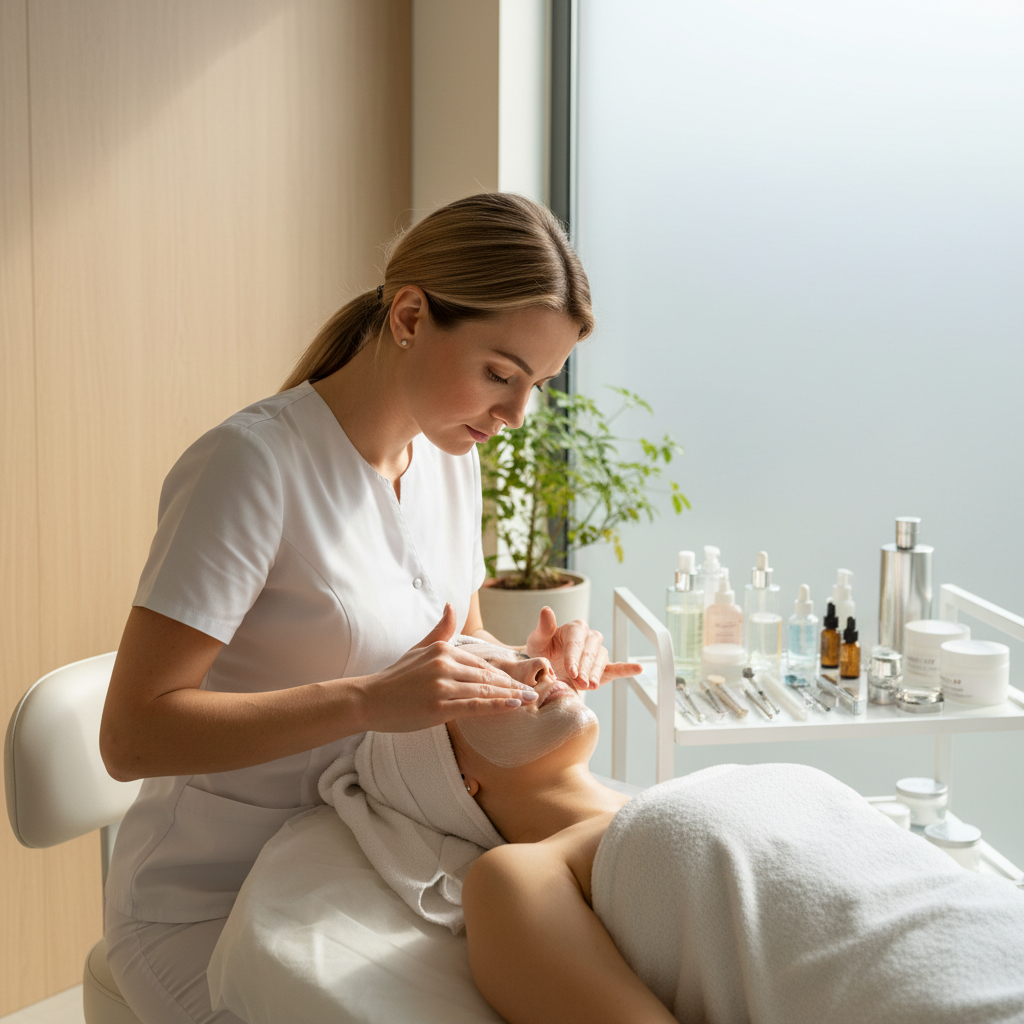Esthetician applying a luxurious facial mask to a relaxed woman lying on a treatment bed in a serene spa environment