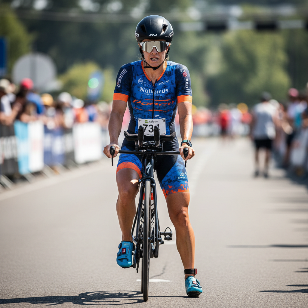 Priya Nair, performance triathlon coach, female athlete in racing gear with focused expression