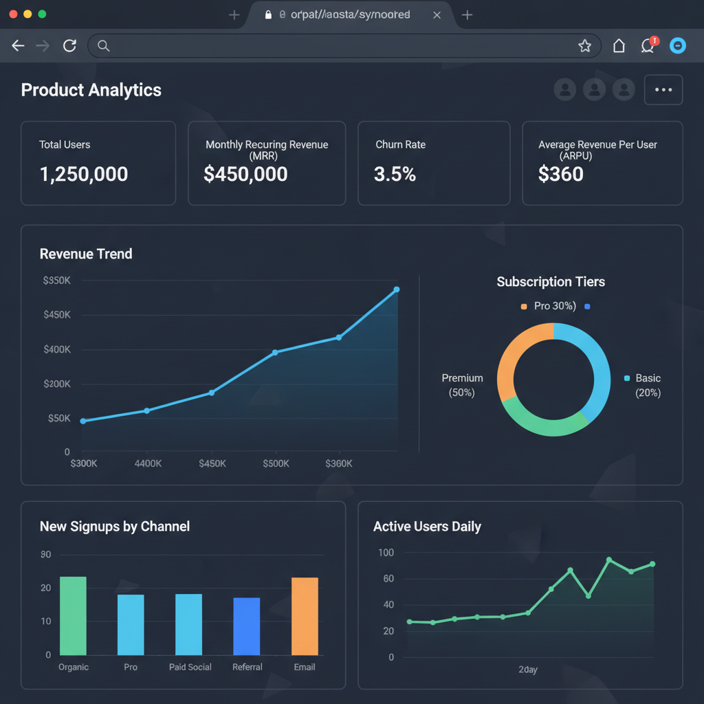 Dashboard screenshot showing analytics metrics and revenue graphs for a SaaS product