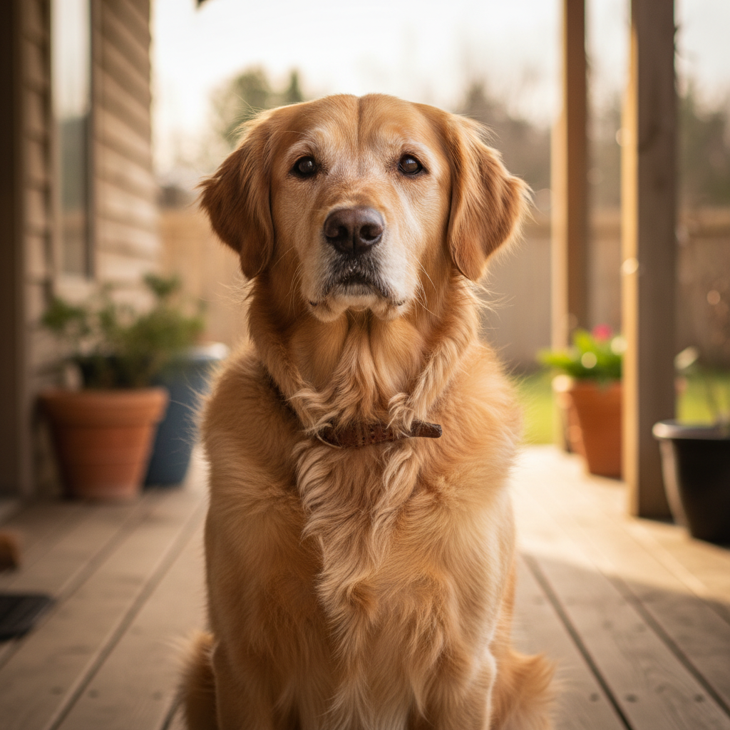 Theodore the senior golden retriever with kind eyes sitting on a porch