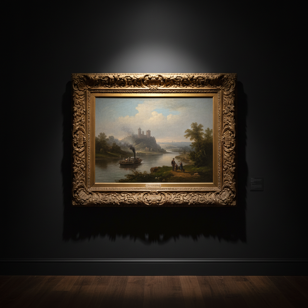 Antique oil portrait painting in ornate gilt frame hung on gallery wall with warm amber spotlight