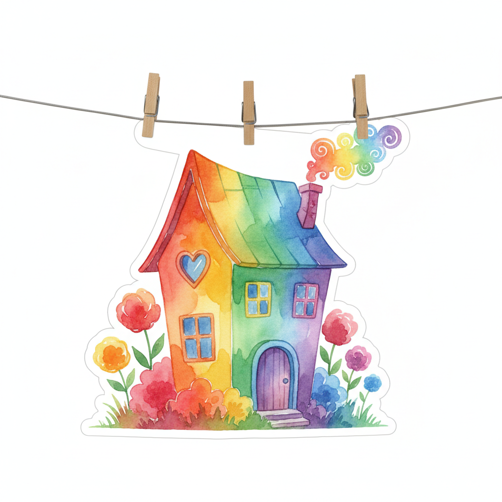 Colorful watercolor painting of a rainbow house with flowers displayed with clothespins on a wire