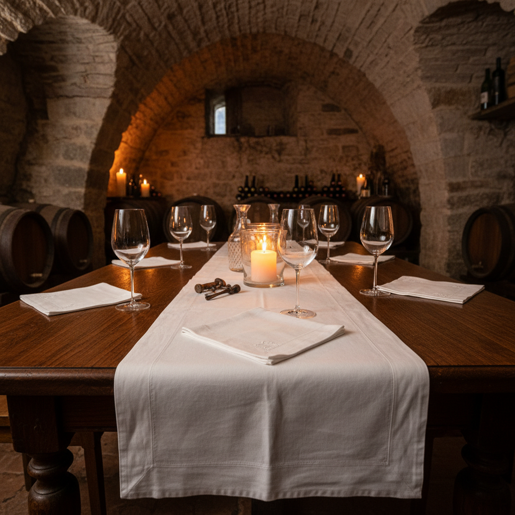 Elegant private wine tasting setup with crystal glasses, wine bottles, and charcuterie on white linen table