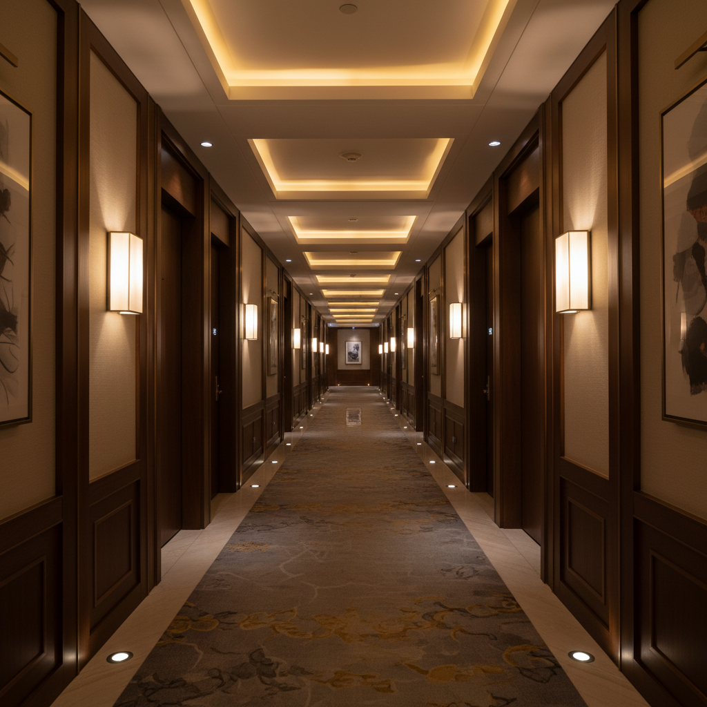 Luxury hotel corridor at night with dim lighting and closed room doors