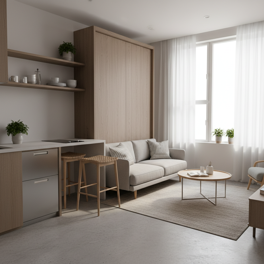 Compact modern studio apartment with minimalist design and large window