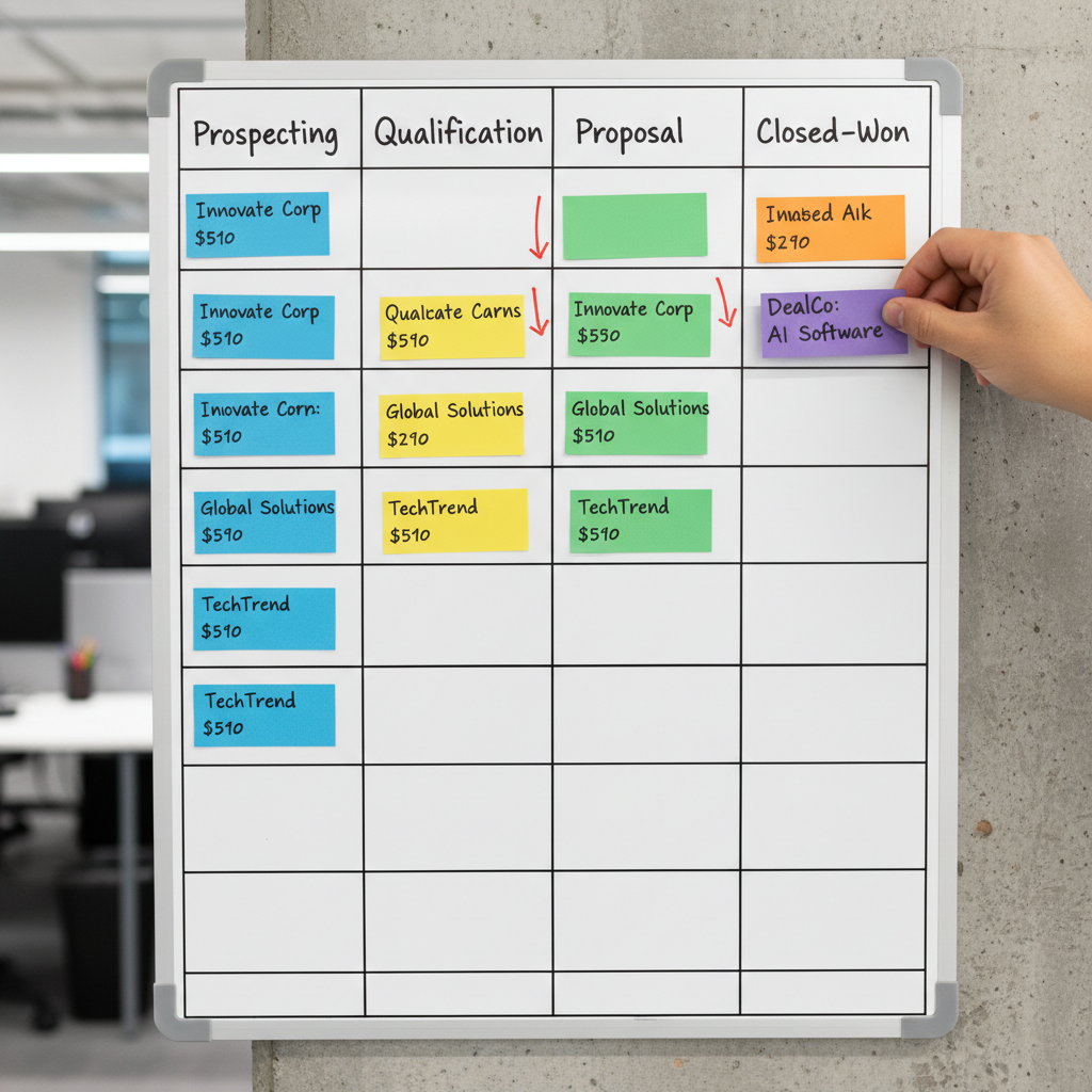 CRM sales pipeline dashboard with kanban deal stages, lead scores and revenue forecasting charts