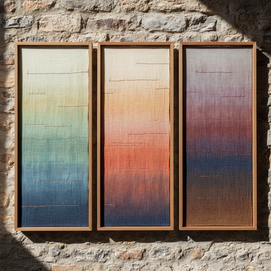 Triptych of natural-dyed textile panels showing gradual color transitions with copper wire weft creating subtle metallic highlights