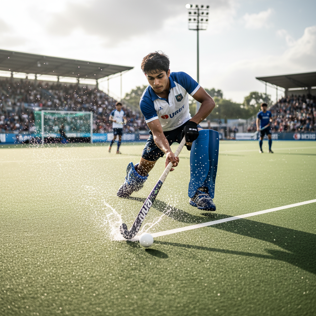 Young male drag flick specialist in action taking a penalty corner shot on a wet pitch