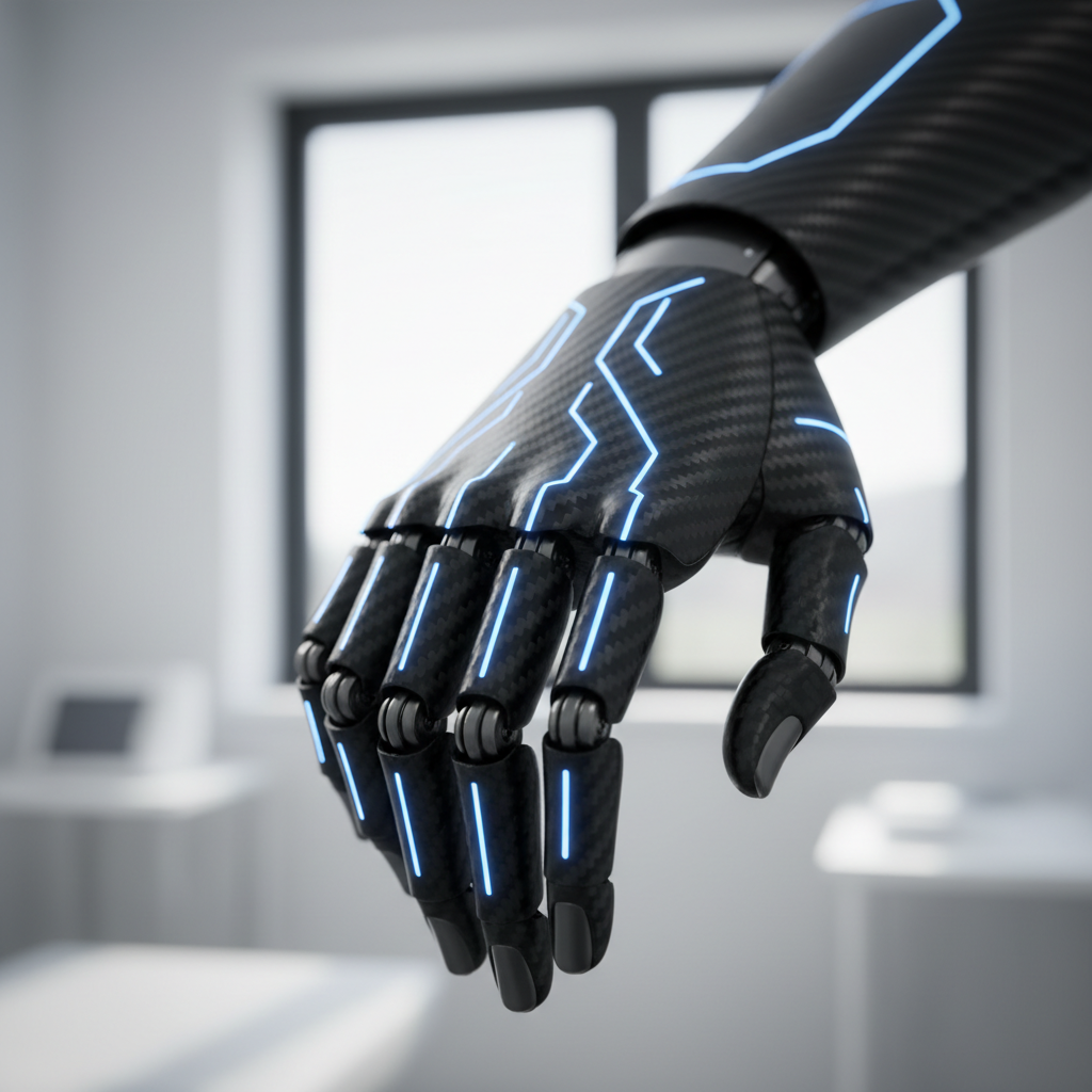 Advanced robotic prosthetic hand with neural interface connectors in dark laboratory with cyan accent lighting