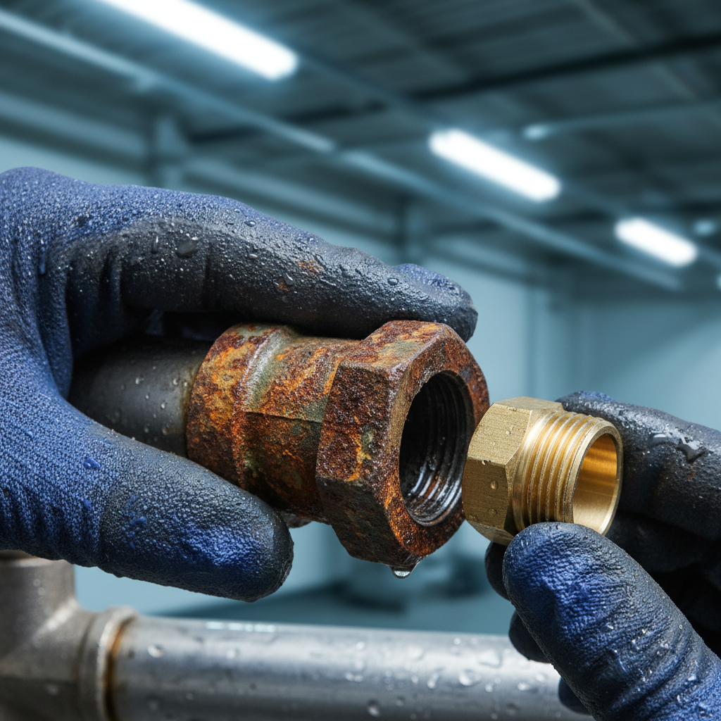 Technician's gloved hand gripping a corroded pipe fitting next to a gleaming new replacement under cool fluorescent facility lighting