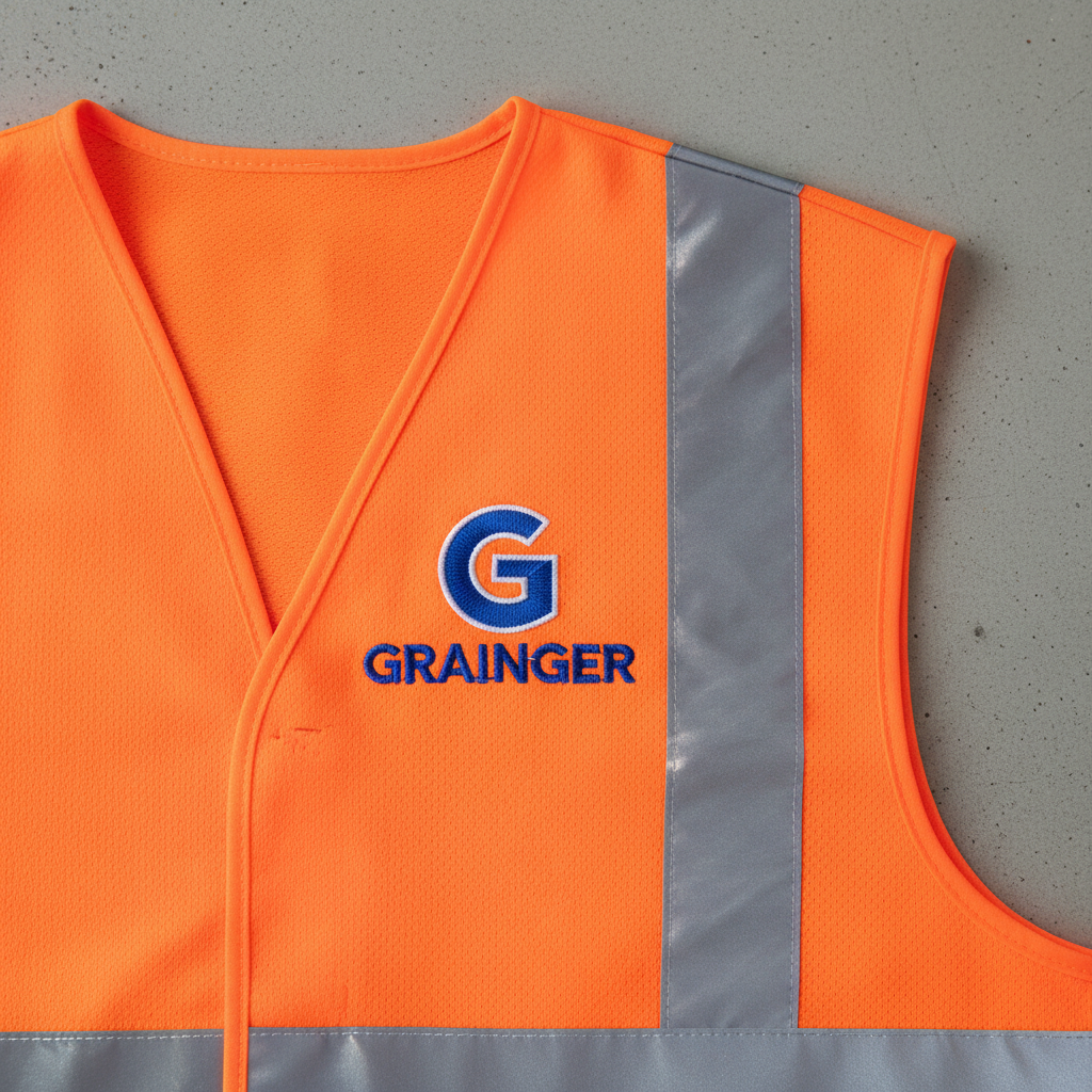 Embroidered Grainger logo on orange ANSI-compliant hi-vis vest showing safety-rated thread application