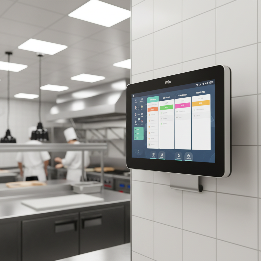 iMin Swan 1K Gen 2 kitchen display unit with 15.6 inch HD screen mounted on wall in commercial kitchen environment