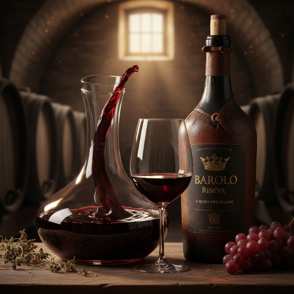 Dark red wine being poured from bottle, deep burgundy color, stone cellar background