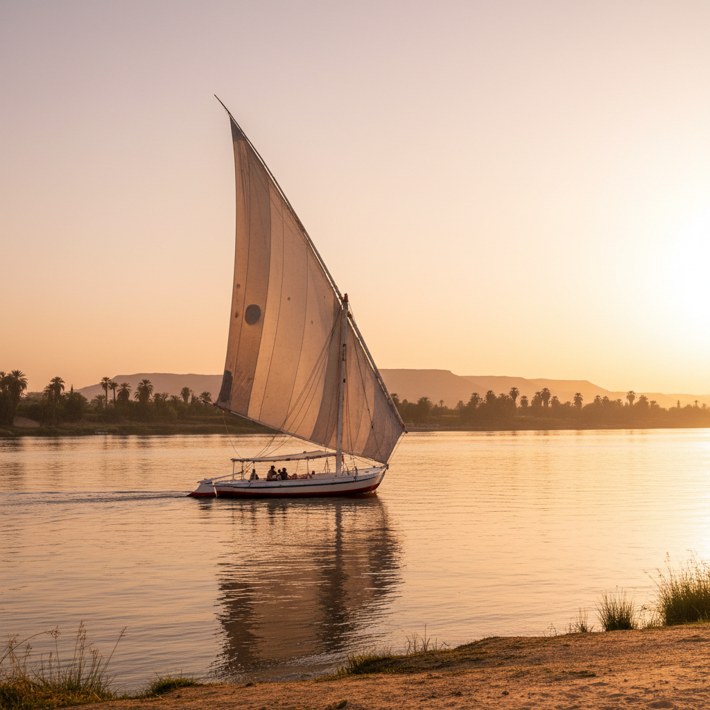 Traditional Egyptian felucca boat sailing on Nile at sunset, warm golden reflections, calm water, silhouette of ancient temples in background