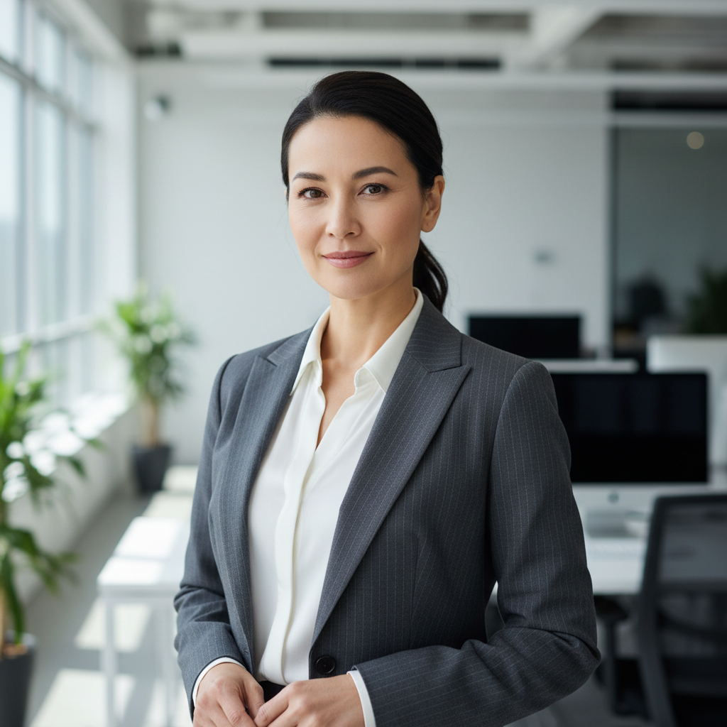 Professional Asian woman engineer smiling in business attire in bright modern office