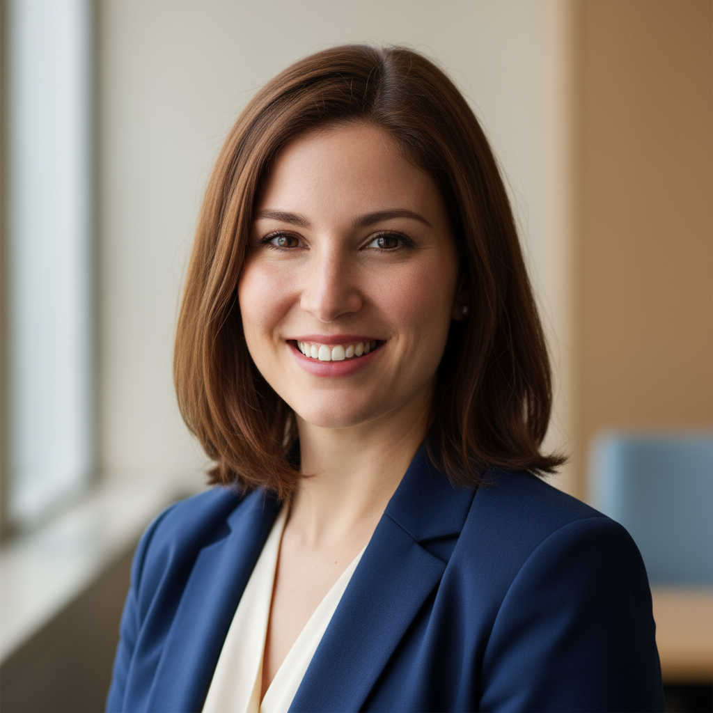 Professional woman with brown hair smiling at camera in business attire