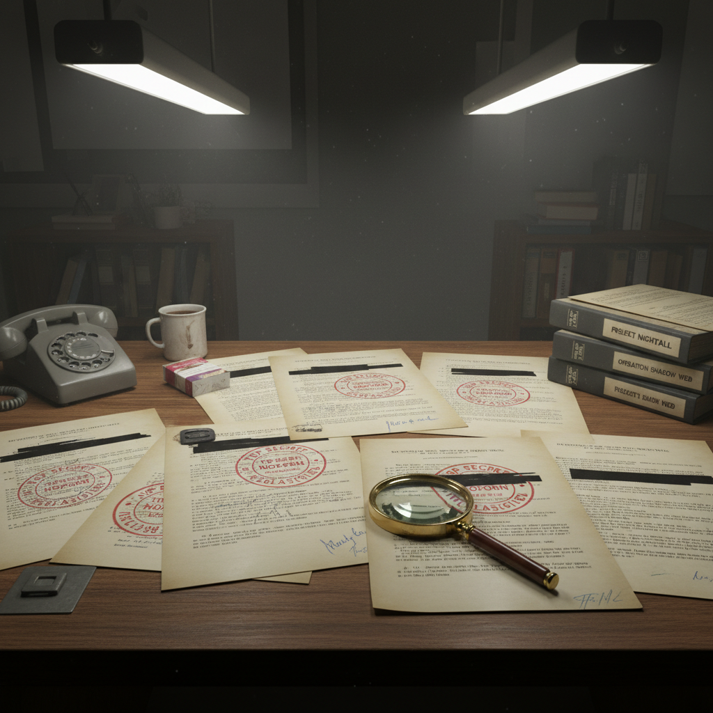Declassified government document pages spread across a desk under harsh fluorescent light