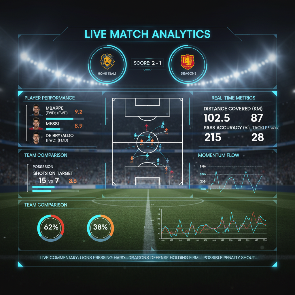 Sports analytics dashboard with charts and player statistics