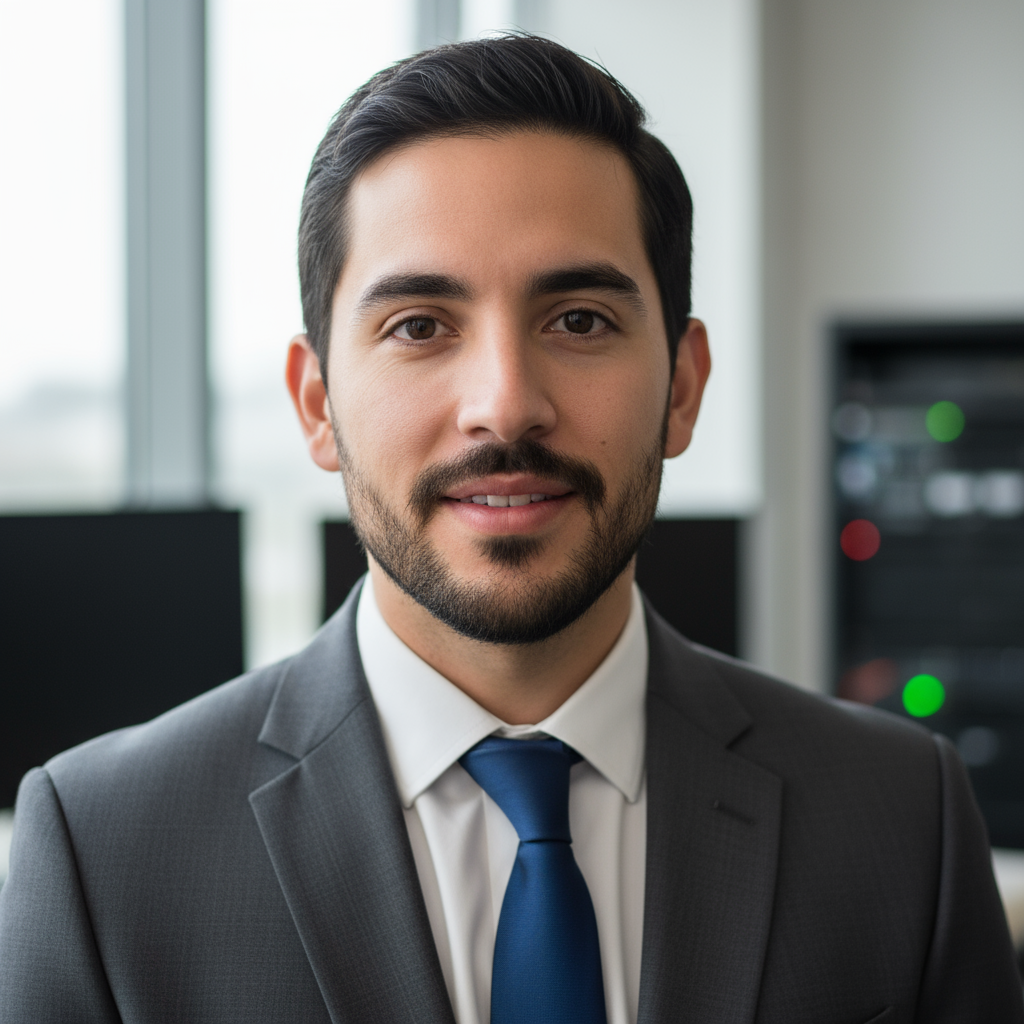 Professional headshot of Dr. Marcus Chen, male technology researcher in smart casual attire with focused expression