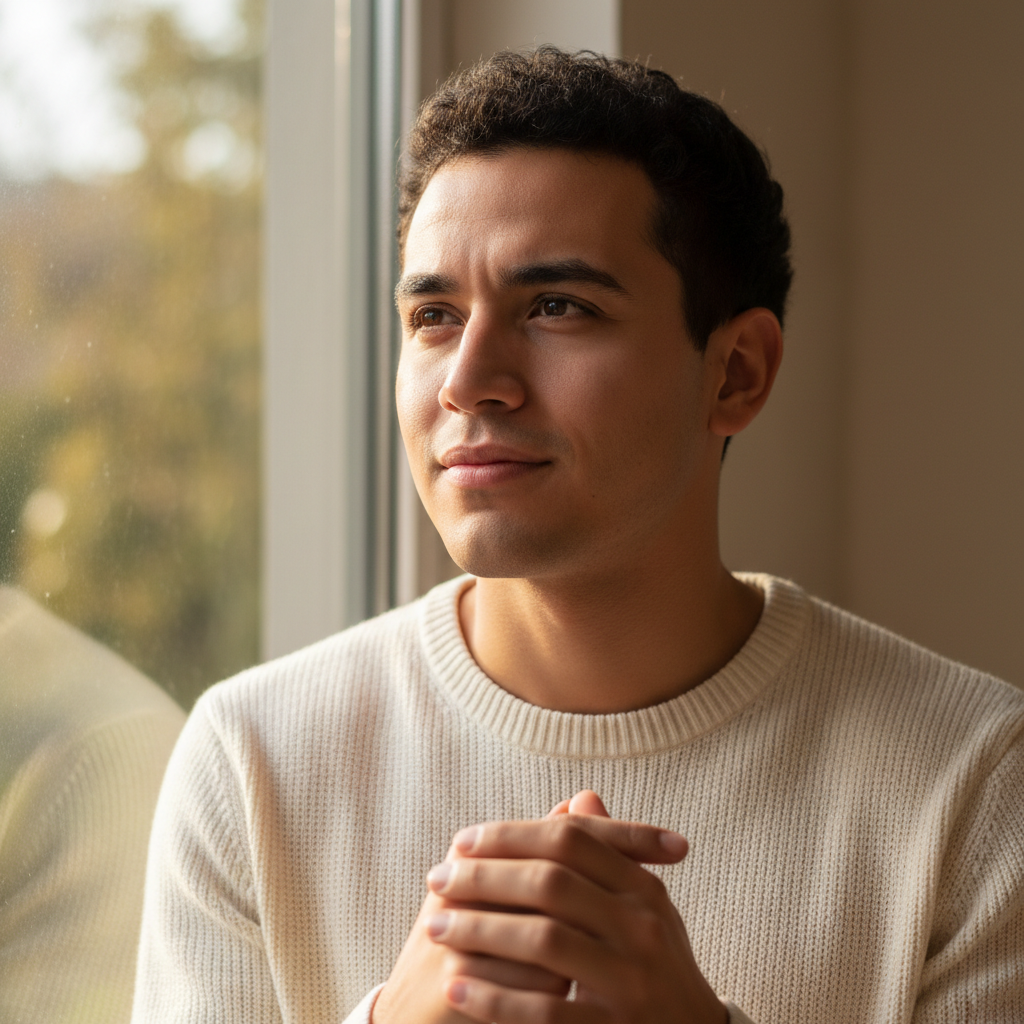 Marcus, a mid-30s man with thoughtful expression holding a camera outdoors