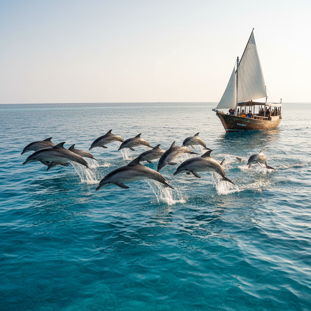 Dolphins jumping near a boat in the Arabian Sea off Gokarna coast, clear blue water, magical sunrise