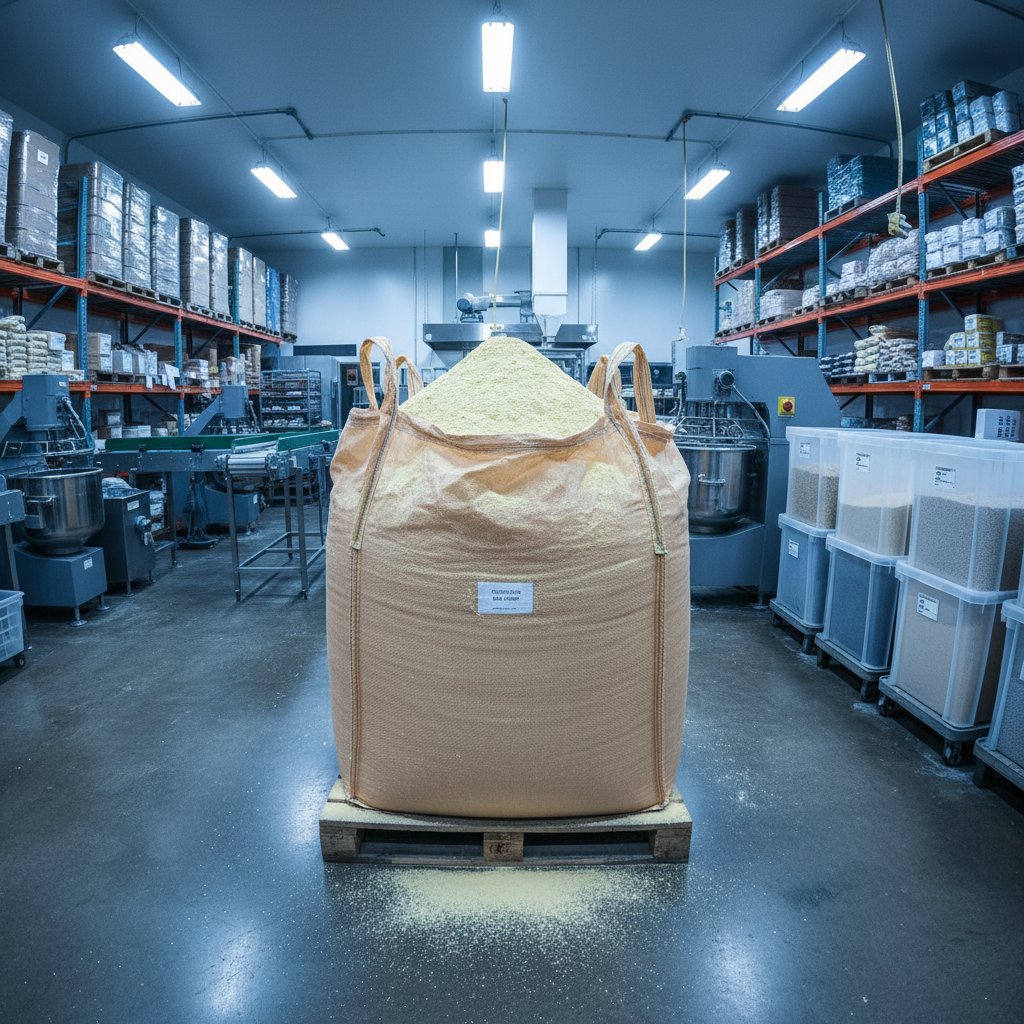 Large bulk sack of chickpea flour in a commercial kitchen or warehouse setting, industrial lighting