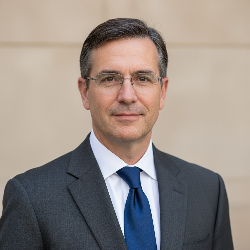 Middle-aged man with glasses, professional attire, neutral indoor background