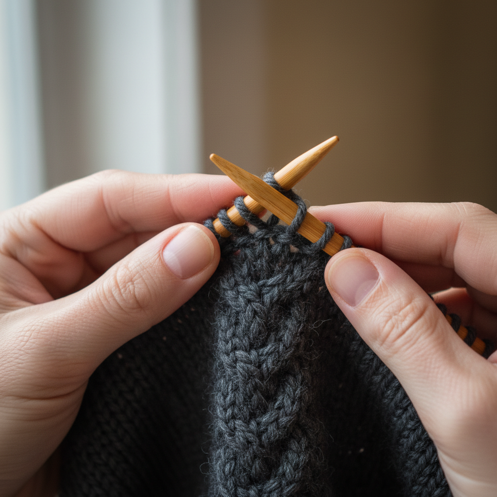 Close-up of hands performing a cable cross stitch with bamboo needles on deep charcoal yarn