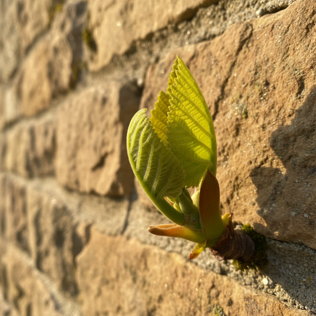 Close-up of young fig leaf unfurling from a bud in spring, bright green against warm stone wall