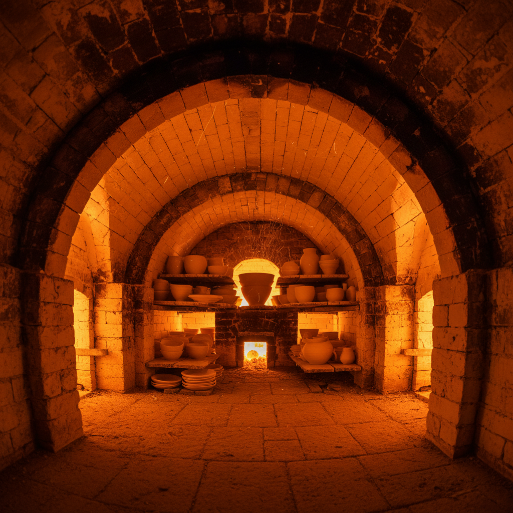Interior of a traditional down-draught kiln glowing orange with intense heat, bricks stacked in careful arches visible in the firelight