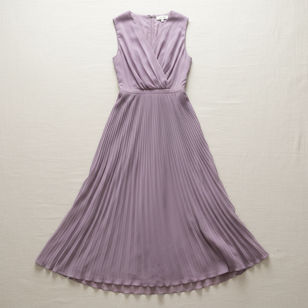 Elegant fashion outfit with soft lavender dress and accessories