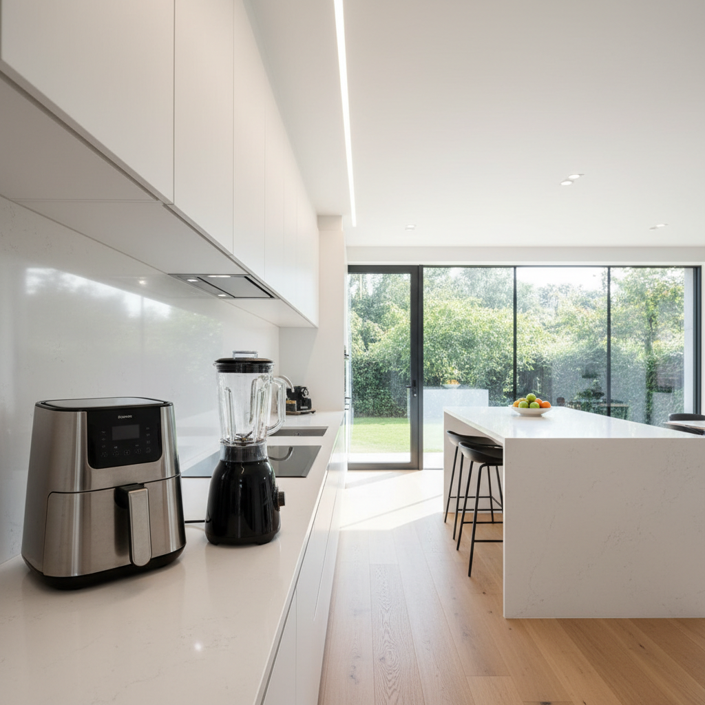 Modern kitchen appliances including blender and coffee machine on a clean white counter, bright kitchen