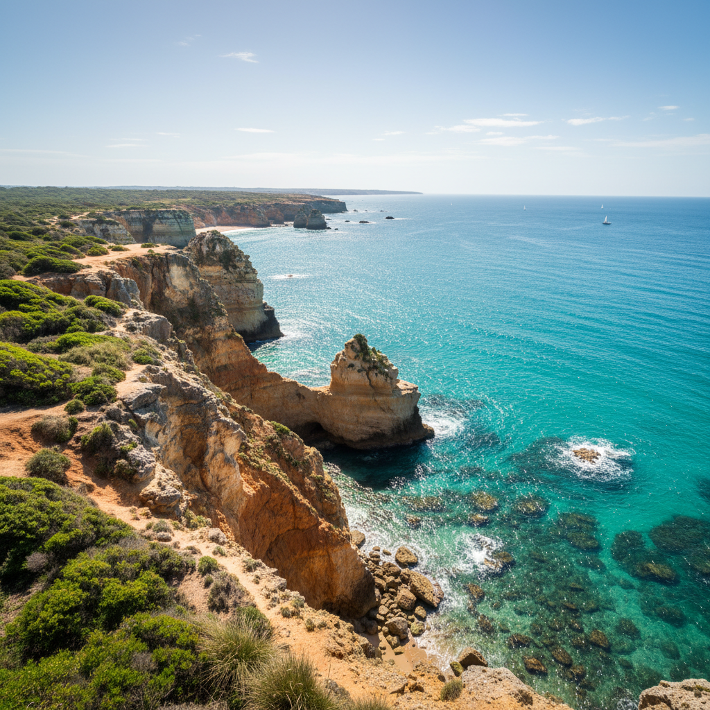 Coastal hiking trail along dramatic cliffs, turquoise ocean visible below, lush green vegetation, sunny day