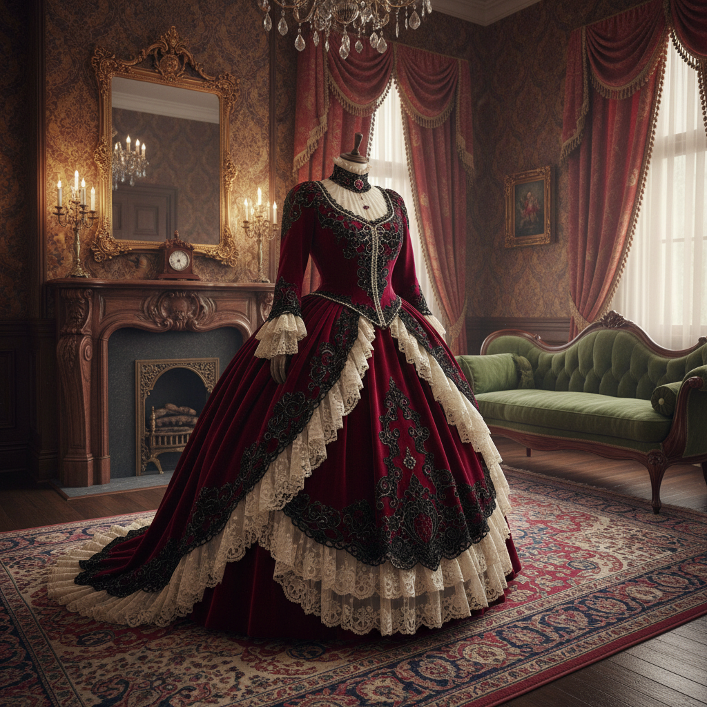 Victorian-era fashion editorial, elaborate structured gown with dramatic bustle, period-appropriate studio photograph aesthetic