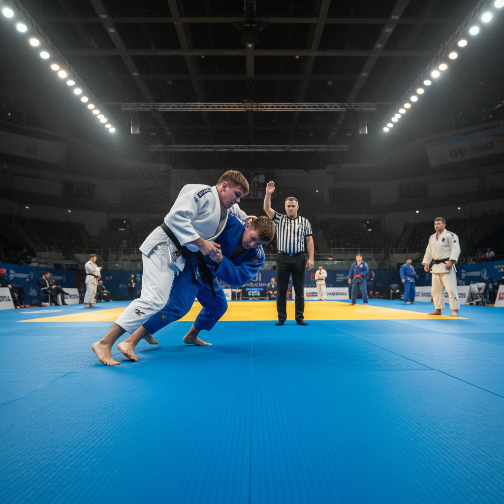 Two judoka competing on tatami mat, referee watching closely in competition hall