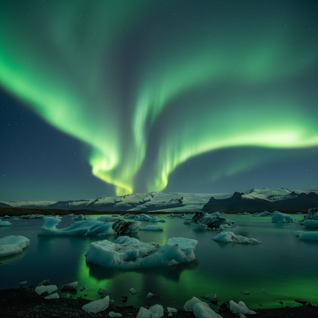 Aurora borealis green and violet ribbons over dark Icelandic fjord, stars visible, still water reflection
