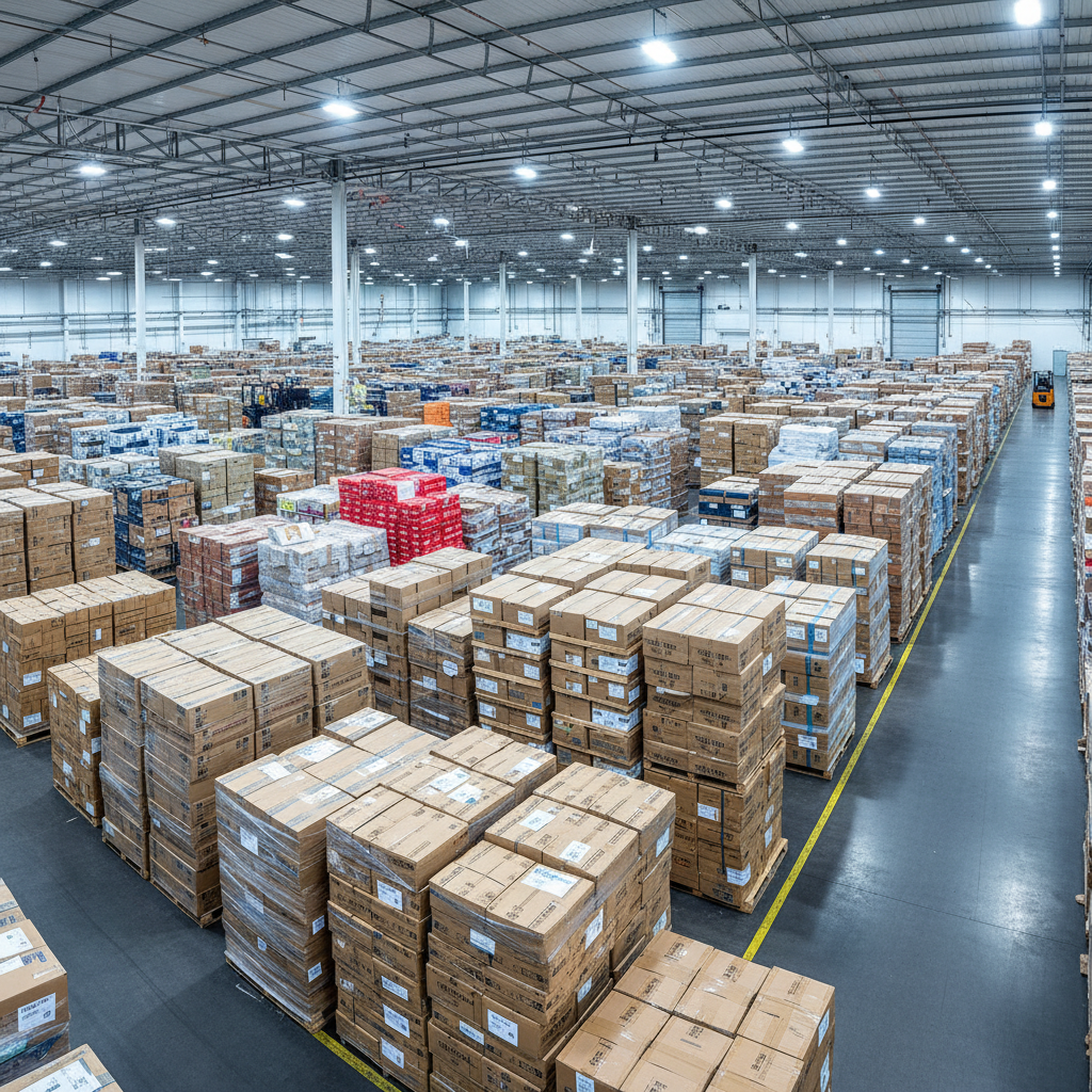 Organized shipping and distribution center with bright lighting and organized packages