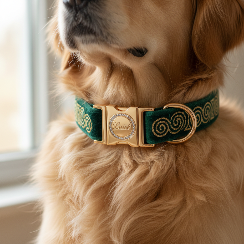 Golden retriever dog wearing a premium leather collar, close-up portrait with warm natural light