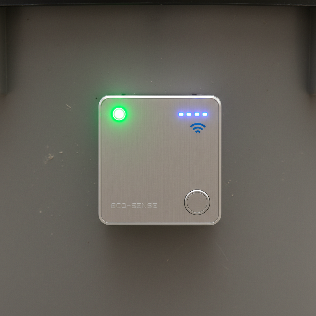 Close-up of electronic IoT sensor circuit board with green indicator light, dark background